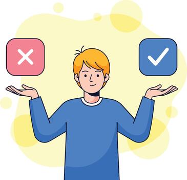 Young man making a choice between a red cross mark and a blue check mark vector