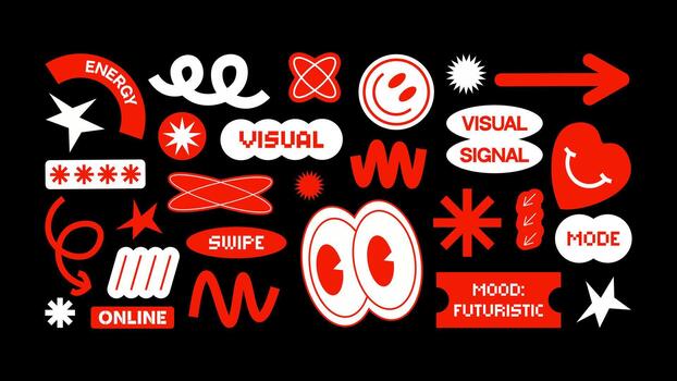 Futuristic stickers social media, stories, reels, content creation, UI mockups and digital branding. vector