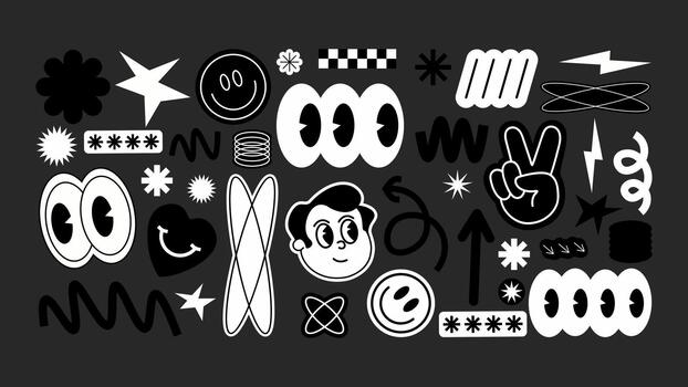 futurista negro y blanco íconos y pegatinas sin texto para ui, ux, aplicaciones, sitios web, presentaciones y tecnología diseño. vector