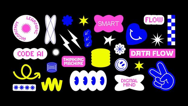 AI-inspired futuristic text stickers for artificial intelligence, data analytics, machine learning and tech visuals. vector