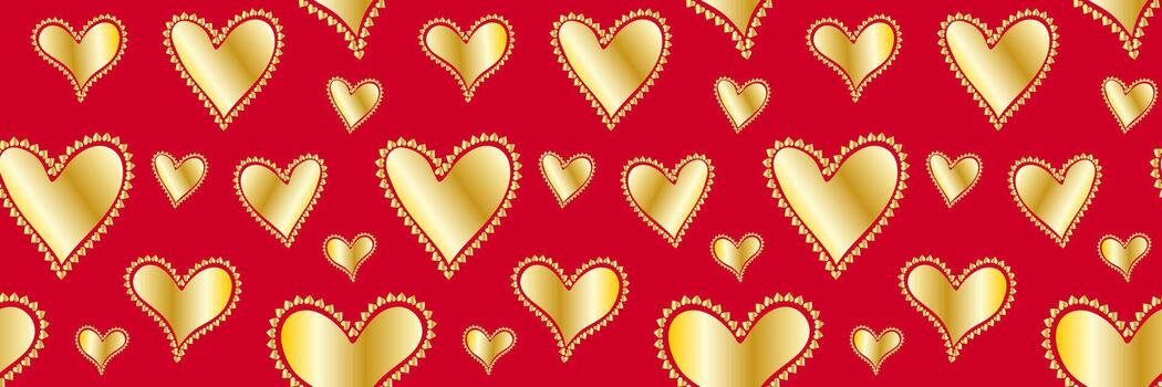 seamless red background pattern with repeating shiny gold filigree hearts and tiny triangular ornamental border valentines day celebration love romantic design vector