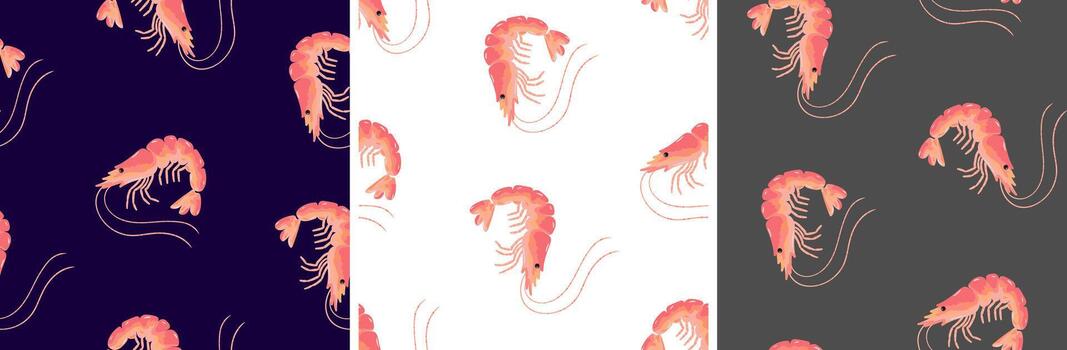 conjunto de Tres sin costura patrones con camarón marina vida repetir antecedentes loseta colección Mariscos textura impresión diseño para restaurante menú embalaje tela vector