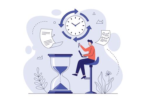 Individual works on a laptop beside an hourglass while a clock with circular arrows represents time management and productivity in a creative desk scene. vector