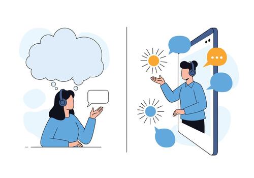 Side by side illustration shows a person at a desk with a thought bubble and a person emerging from a smartphone with chat bubbles to depict remote talk. vector