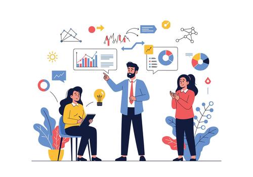 negocio equipo regalos datos analítica y estrategia con cartas y diagramas en un colaborativo planificación sesión a aumentar perspectivas y decisiones vector