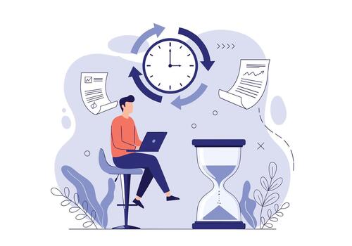 Person sits at a desk and works on a laptop while a clock and hourglass symbolize time management and looming deadlines around papers and ideas. vector