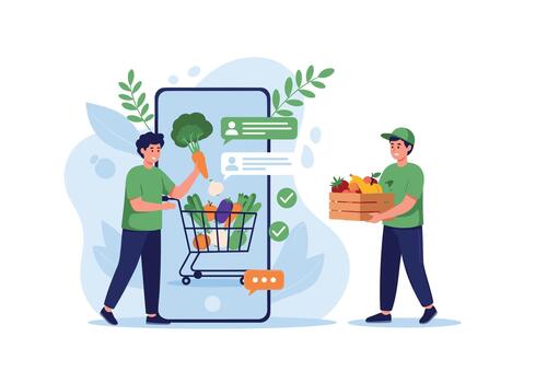 Two shoppers interact with a large smartphone screen showing a full shopping cart of fresh produce while one person delivers a box of groceries to the other. vector