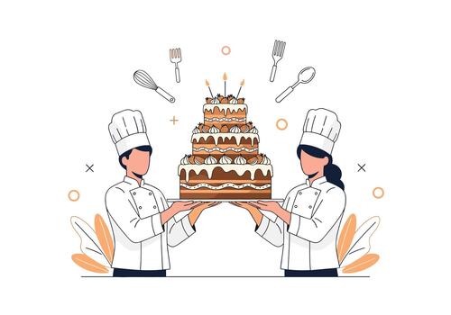 Two chefs present a towering multi layer chocolate cake decorated with icing and candles as a festive bakery moment of celebration and teamwork. vector