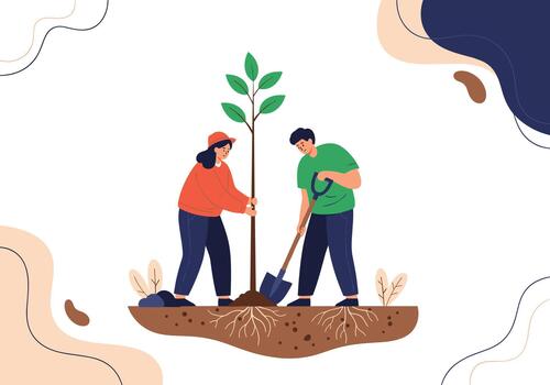 Two people plant a young tree together in a sunny garden showing teamwork and care for the environment as they dig soil and place the sapling with steady hands. vector