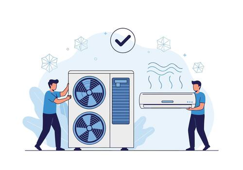 dos técnicos Instalar en pc un división aire acondicionamiento sistema con al aire libre y interior unidades demostración profesional mantenimiento y eficiente enfriamiento en moderno ajuste. vector