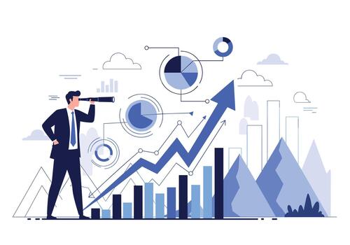 negocio estratega estudios mercado crecimiento con cartas y gráficos mientras exploración el horizonte con un telescopio a revelar creciente tendencias y oportunidades. vector