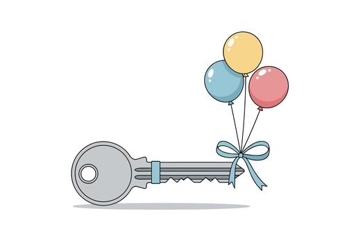 Shiny key tied with a blue ribbon carries balloons yellow blue pink drifting above a soft shadow on a white background creating a playful festive image. vector