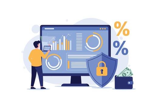 persona análisis financiero datos en un grande pantalla con cartas y gráficos mientras un proteger con un bloquear señales seguro analítica y protegido actas. vector