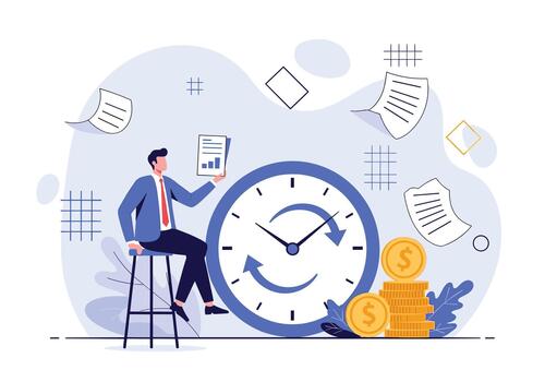 With time management and financial strategy in mind a business professional sits on a stool reviewing a report beside a large clock and a pile of coins. vector