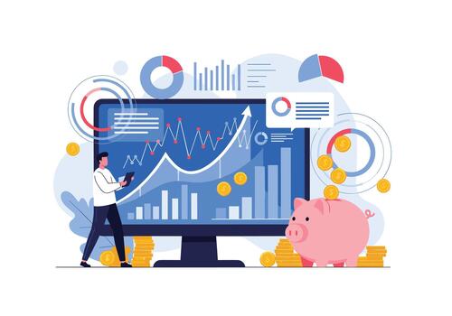 Data driven analytics visualize a person presenting financial data on a large screen with charts and a piggy bank beside stacks of coins. vector