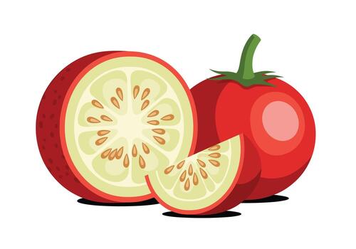 Two red citrus fruits rest beside a sliced half that reveals pale green flesh with numerous seeds and a small wedge in front creating a bright fruit display. vector
