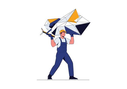 Construction worker lifts a large geometric sculpture composed of connected triangles above their shoulders as they pose in a bright studio setting. vector