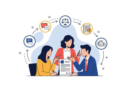 Three professionals gather around a table to discuss a contract while legal and financial icons orbit them in a collaborative business negotiation. vector