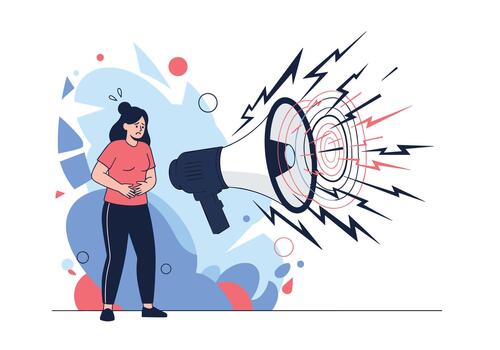 Woman stands beside a large megaphone projecting powerful sound waves across an abstract background in a bold illustration emphasizing loud communication. vector