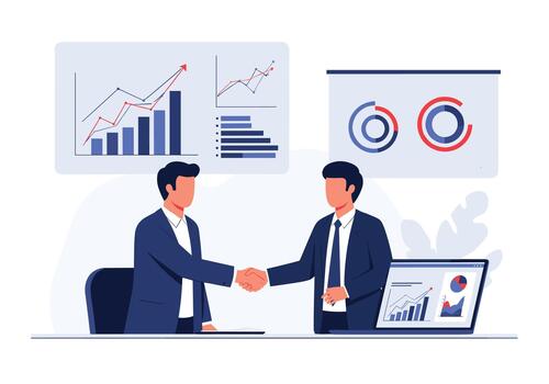 dos negocio profesionales sacudir manos a través de un conferencia mesa mientras gráficos y cartas en pantallas espectáculo crecimiento y un fuerte colaborativo resultado. vector