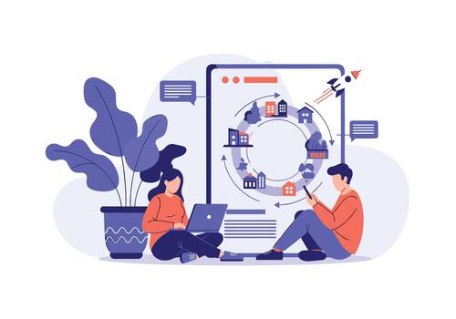 Two people collaborate remotely using a large screen displaying a circular diagram of cities and networks around the globe. vector