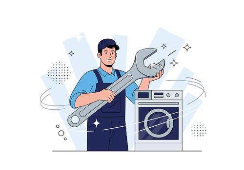 experto técnico con un grande llave inglesa soportes junto a un moderno frente cargando Lavado máquina Listo a reparar eso en un brillante taller piso. vector