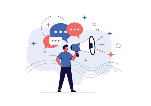 Confident man with a megaphone speaks to an audience as colorful speech bubbles and dynamic waves illustrate a vibrant promotional communication scene. vector