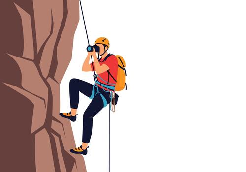 Climber wearing helmet harness and backpack ascends a rugged cliff using a rope and carabiners while maintaining focus and safety throughout the ascent. vector