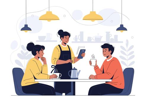 Three customers in a modern cafe share a friendly moment as a server with a tablet takes their order at a bright white table. vector