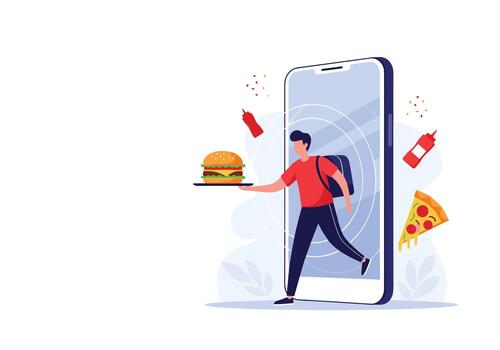 Person emerges from a large smartphone to hand over a burger while pizza and condiments float nearby symbolizing mobile food ordering and contactless delivery. vector