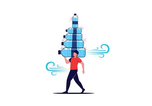 Person balances a towering stack of blue water bottles on their shoulder while wind gusts swirl behind them in a dynamic display of strength. vector