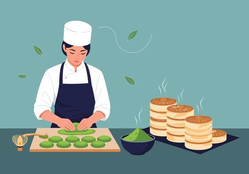 Chef in a white uniform and navy apron shapes green dough circles beside steaming stacks of buns and a bowl of green paste on a kitchen counter. vector