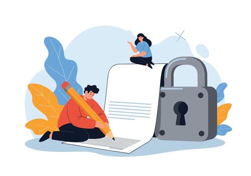 persona escribe un largo documento con un gigante lápiz junto a un candado simbolizando fuerte intimidad y seguro información manejo en un calma al aire libre escena. vector