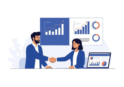 Two business professionals shake hands in a modern office while charts and graphs on the wall and a laptop display shows growth and collaboration. vector