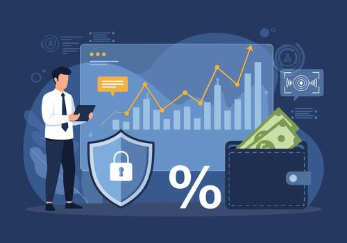 Business professional analyzes financial data on a large dashboard while security symbols and a wallet emphasize savings and growth in a digital economy. vector