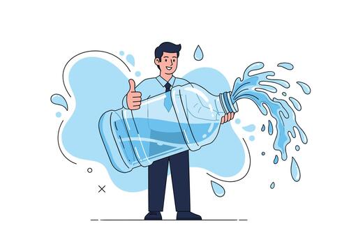 Confident man holds a giant water bottle and gives a thumbs up as water bursts forward creating a dynamic splash symbolizing hydration and energy. vector
