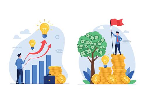 crecimiento mediante inteligente inversiones es representado por dos escenas demostración creciente cartas y un dinero árbol con un bandera de éxito. vector