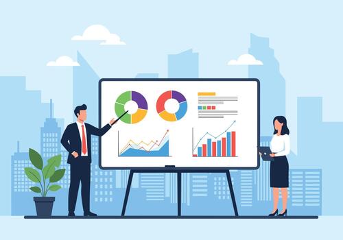 Business analysts present data insights using charts graphs and dashboards on a large display board in a modern city office setting. vector