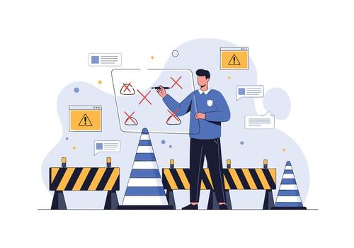 Construction site safety briefing shows a worker pointing at a board with red x marks as warnings while barriers cones and screens emphasize restricted area. vector