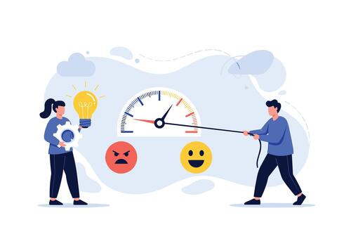 Two teammates collaborate to balance ideas and performance while a gauge and mood indicators reflect effort and alignment toward shared goals in a scene. vector