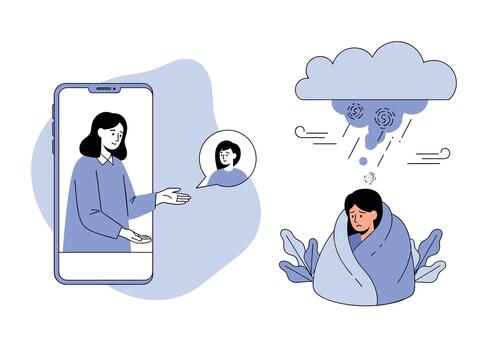 Remote call shows a person reaching out from a smartphone to avatar while another person rests wrapped in a blanket under a cloud during storm. vector