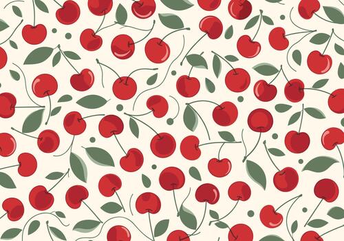 Bright red cherry pattern with emerald green leaves scattered across a pale cream background creating a lively retro fruit motif. vector