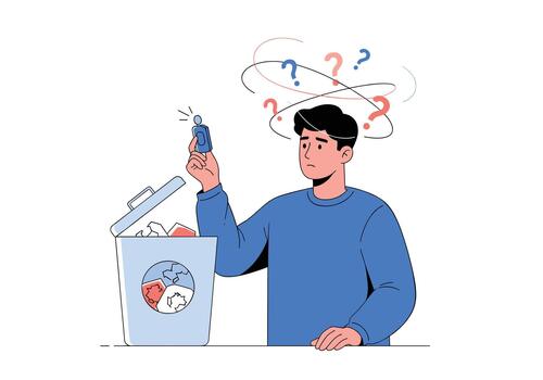 Puzzled man in a blue sweater holds a small device near a trash bin while swirling question marks indicate uncertainty about disposal. vector