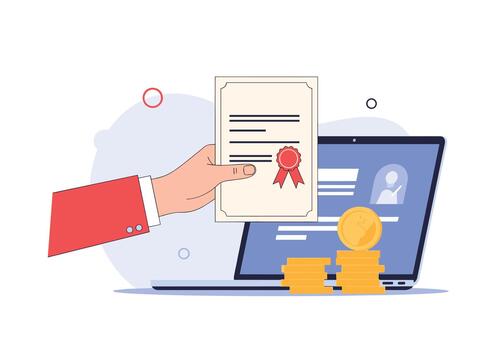 Person hands over a certificate of achievement to a digital credential shown on a laptop with stacked coins beside it in a modern certification scene. vector