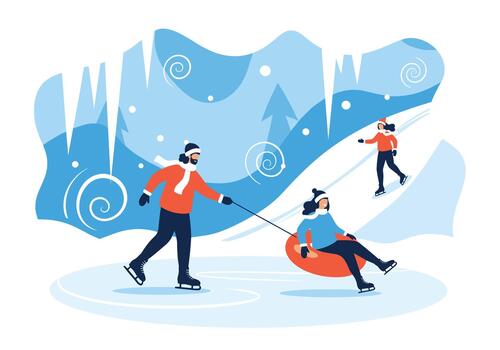 People enjoy a winter ice skating scene on a frozen rink with a child riding a sled while others glide by under snowy blue scenery. vector