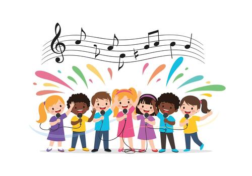 Kids of different backgrounds sing together on a bright stage while colorful bursts and musical notes swirl above them in a lively group performance scene. vector