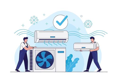 Two technicians install and service a split air conditioning system outdoors with an outdoor unit indoor unit airflow lines and a large blue check mark indicating proper functioning. vector