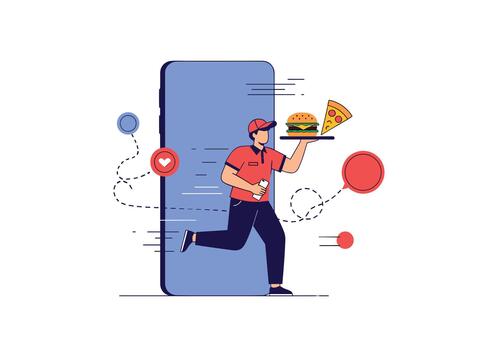 Delivery worker bursts from a large smartphone screen carrying a burger and a slice of pizza to illustrate fast food delivery through a mobile app. vector