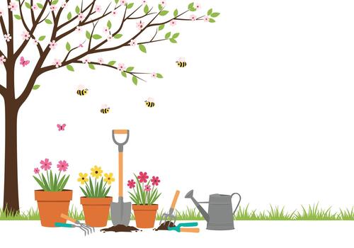 Sunlit garden scene shows blooming potted plants under a flowering tree and several tools scattered nearby with bees hovering. vector