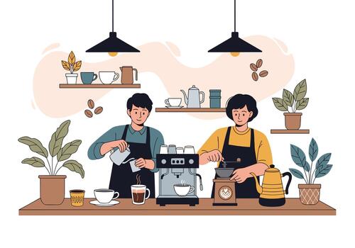 Two baristas work at a cozy cafe counter using an espresso machine and kettle to brew coffee while plants and warm lighting create a welcoming atmosphere. vector